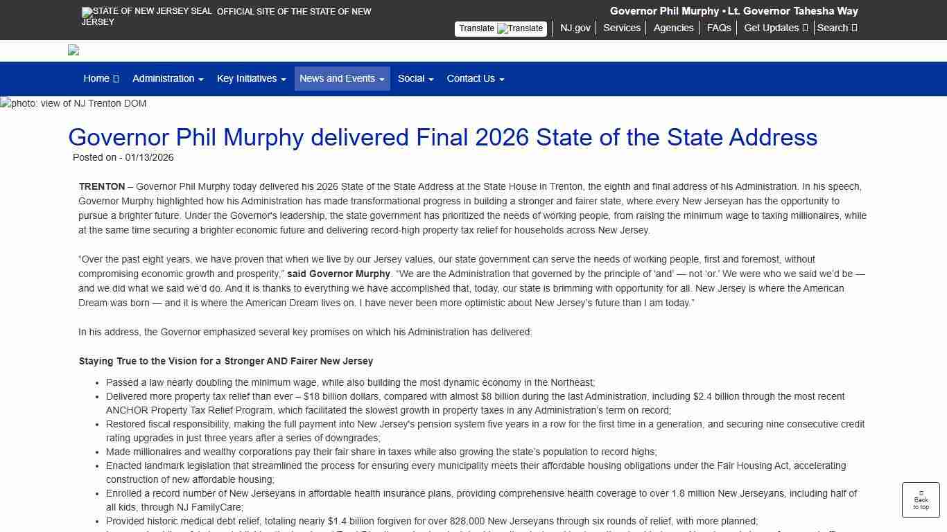 Office of the Governor | Governor Phil Murphy delivered Final 2026 State of the State Address