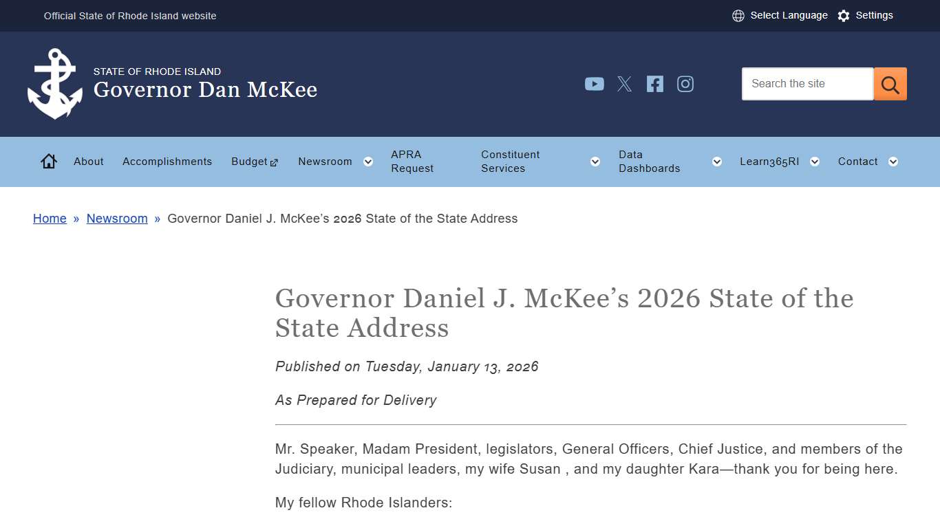 Governor Daniel J. McKee’s 2026 State of the State Address | Governor's Office, State of Rhode Island